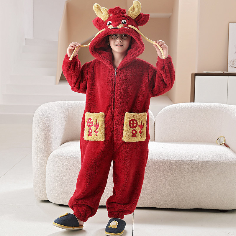 男童睡衣珊瑚绒冬季加厚儿童连体睡袋本命年中大童马年红色家居服