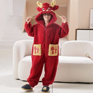 男童睡衣珊瑚绒冬季加厚儿童连体睡袋本命年中大童马年红色家居服