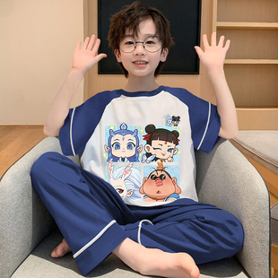 儿童纯棉睡衣夏季 男童薄款 套装 短袖 青少年那吒大童家居服男孩 长裤