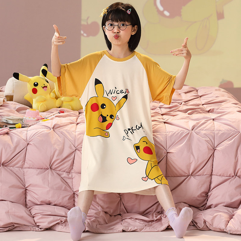 皮卡丘儿童莫代尔睡裙女孩中大童女童睡衣夏天薄款家居服冰丝裙子