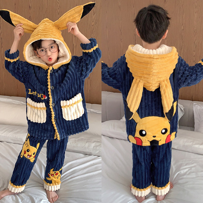 儿童法兰绒睡衣皮卡丘家居服男童
