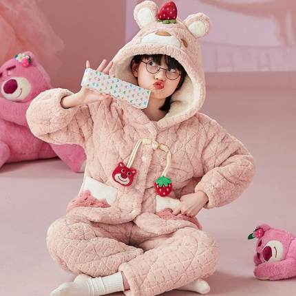 儿童睡衣冬季女孩三层夹棉珊瑚绒加厚法兰绒草莓熊女童家居服套装