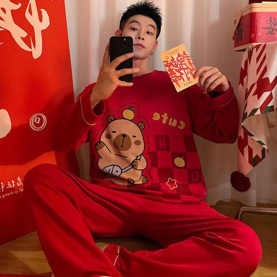 红色睡衣男春秋季长袖纯棉套装