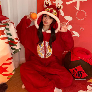 红色睡衣女珊瑚绒冬季连体衣2026马年可外穿本命年家居服睡袋成人