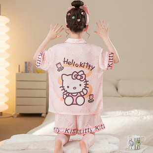 Hellokitty女童睡衣儿童冰丝短袖套装2025新款夏季女孩薄款空调服