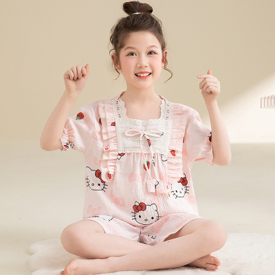 睡衣女童夏季云朵棉套装薄款初中