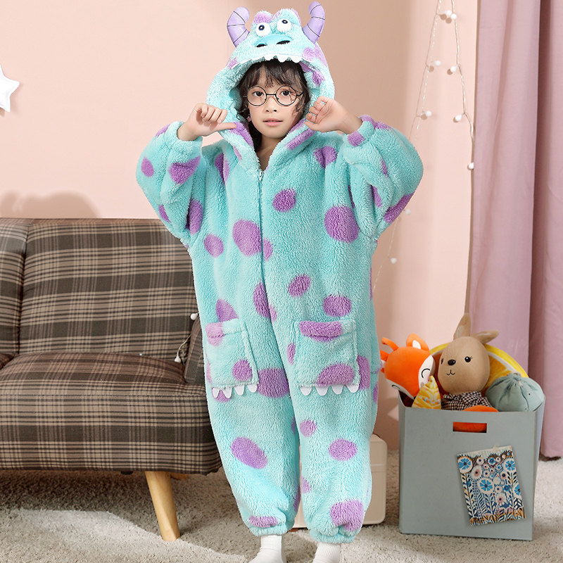 女童连体睡衣秋冬季珊瑚绒女孩宝宝卡通睡袋儿童家居服加绒加厚款