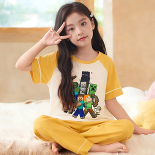 女童睡衣我的世界中大童初中生家居服春夏款儿童纯棉短袖长裤套装