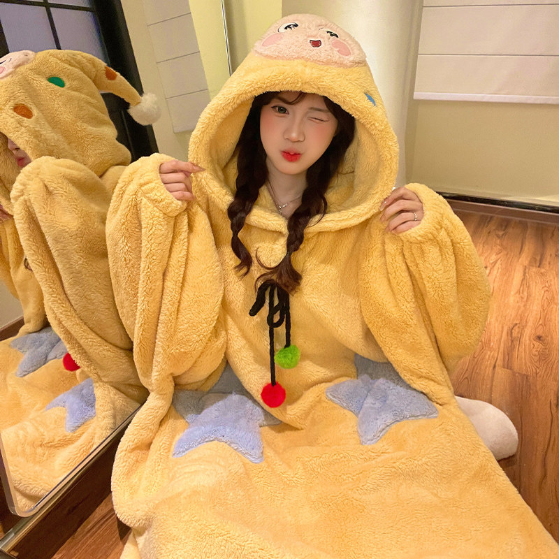 星星人珊瑚绒少女睡袍保暖冬睡衣