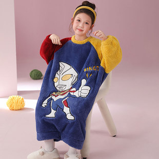 儿童睡衣冬季女童珊瑚绒连体睡袋法兰绒中大童卡通家居服冬天睡裙
