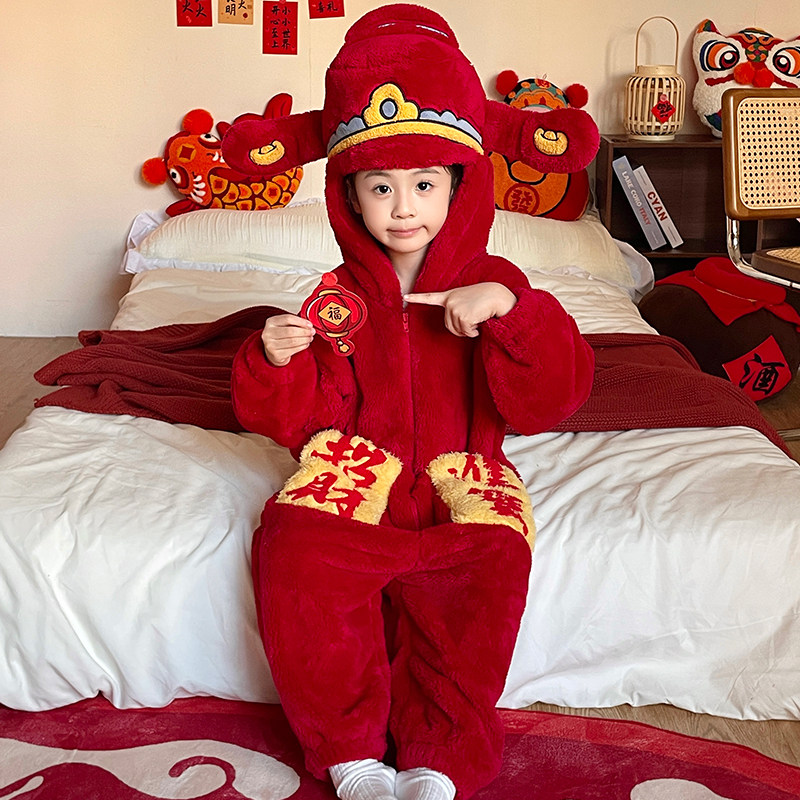 冬季儿童睡衣珊瑚绒女童红色连体睡袋2026马年女孩红色本命年衣服