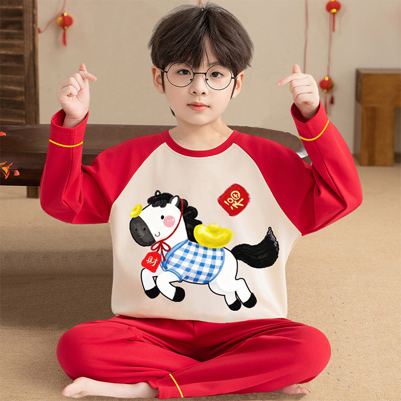 男童马年睡衣春秋季长袖儿童红色纯棉套装男孩本命年中大童家居服,女士内衣/男士内衣/家居服,睡衣/家居服套装,淘宝优惠券,粉丝福利购,淘宝优惠卷