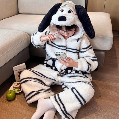 可爱条纹狗珊瑚绒儿童连体衣睡袍