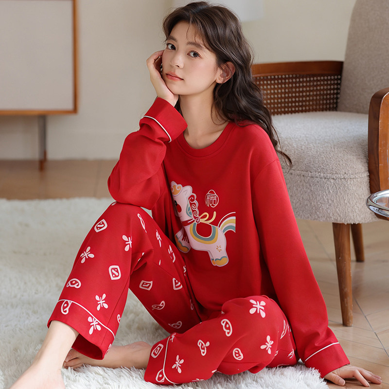 红色睡衣可爱本命年少女家居服2026新款纯棉秋衣秋裤女生马年套装