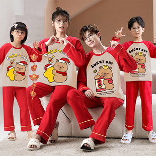 亲子睡衣一家三口四口春秋季纯棉长袖儿童红色家居服套装2026新款
