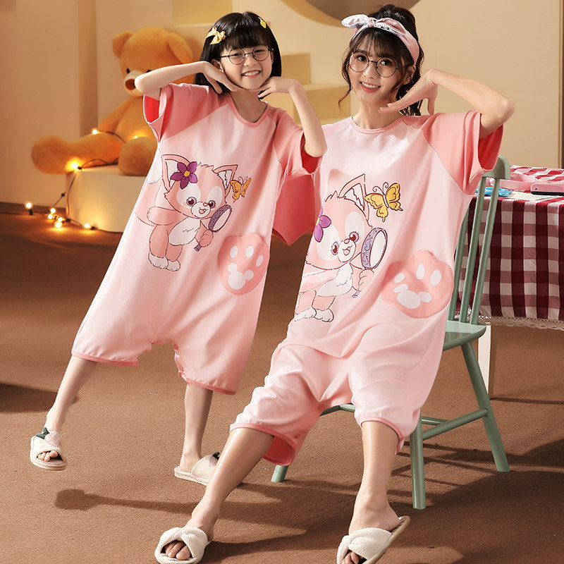 母女连体睡衣夏季女童睡裙防踢被玲娜贝儿女中大童纯棉短袖家居服