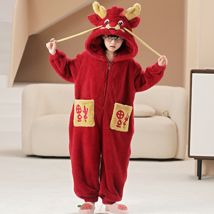 冬季女童睡衣珊瑚绒儿童红色本命年家居服中大童加厚加绒秋冬睡袋