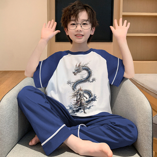 青少年2025新款 男童短袖 儿童纯棉套装 薄款 大童敖光家居服 睡衣夏季