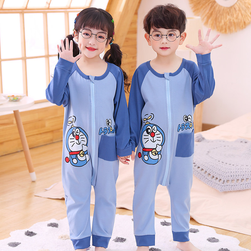 儿童春秋季单层分腿连体衣双向拉链式纯棉防踢被宝宝睡衣家居服12