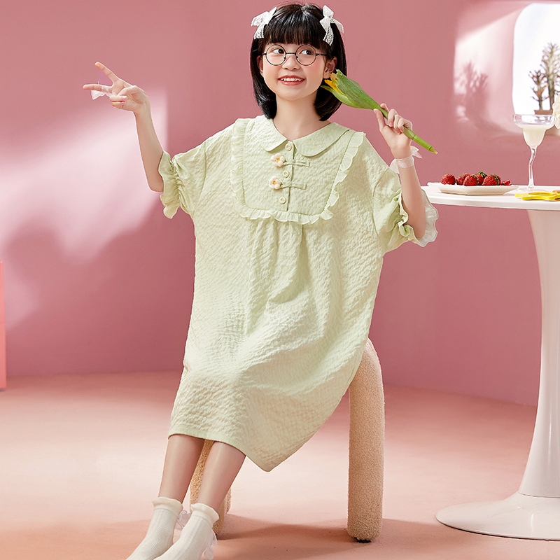 2024新款公主风女童泡泡棉睡裙夏季中大童纯色连衣裙儿童睡衣裙潮