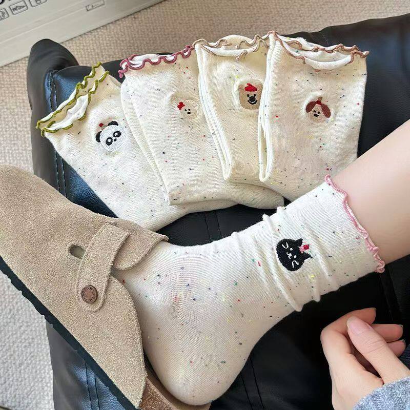 袜子女中筒袜女日系花边蝴蝶结堆堆袜可爱百搭纯色长袜春秋冬款