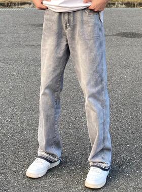 AHCN美式复古街头水洗做旧毛边雾霾灰直筒牛仔裤宽松休闲百搭情侣