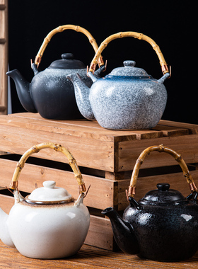 日式大茶壶饭店用餐厅竹柄手提杯套装陶瓷复古提梁水壶单壶泡茶壶