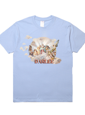 dar lee国潮蓝色信仰天使可爱印花夏纯棉短袖百搭情侣装宽松T恤潮