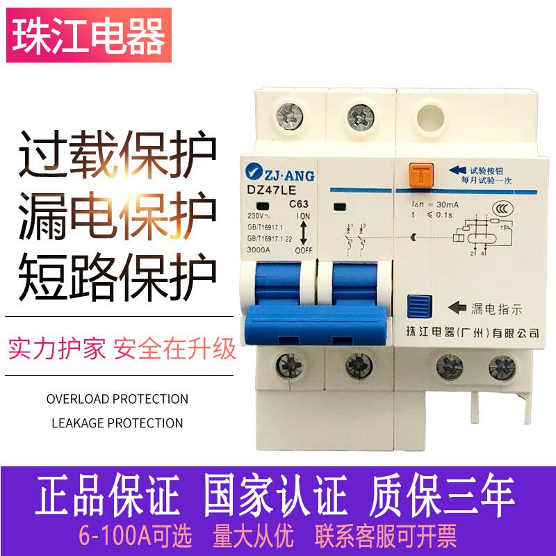 珠江DZ47LE-63漏电保护开关家用总开关双极2P63A漏保总闸40安