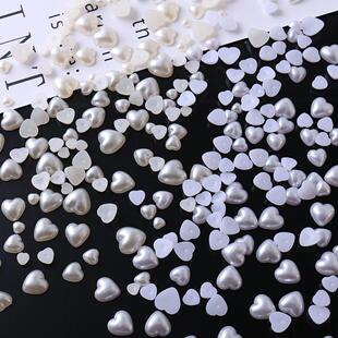 ABS仿珍珠半面桃心爱心贴片米色平底心形珠DIY手机美容贴钻散珠子
