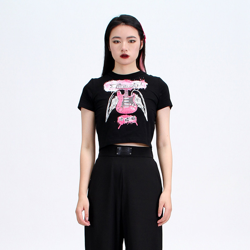 薄短袖露脐朋克吉他银色闪粉翅膀