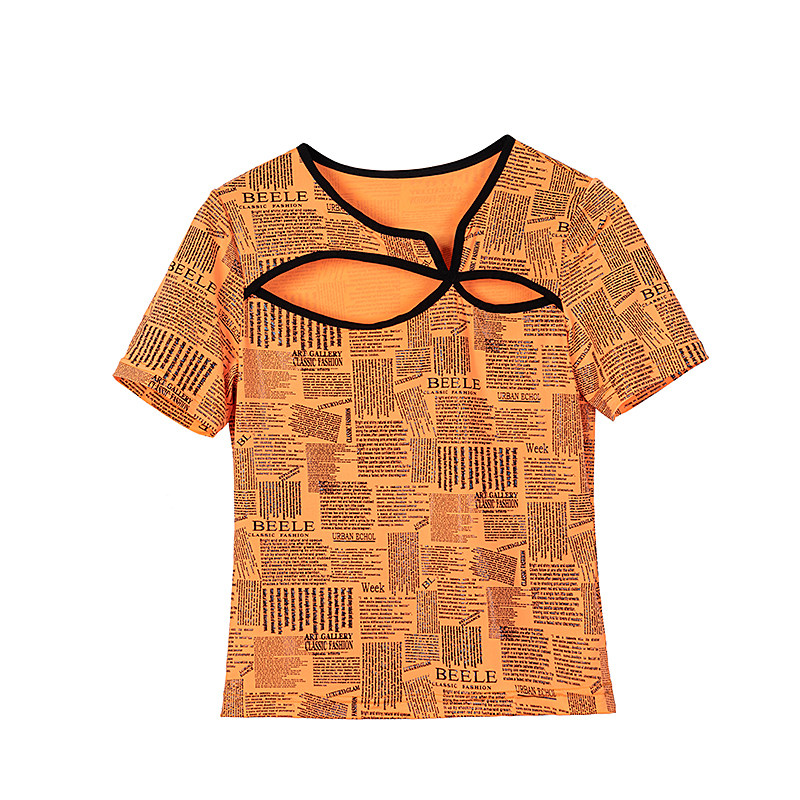 短袖性感开领设计亮漆皮字母印花