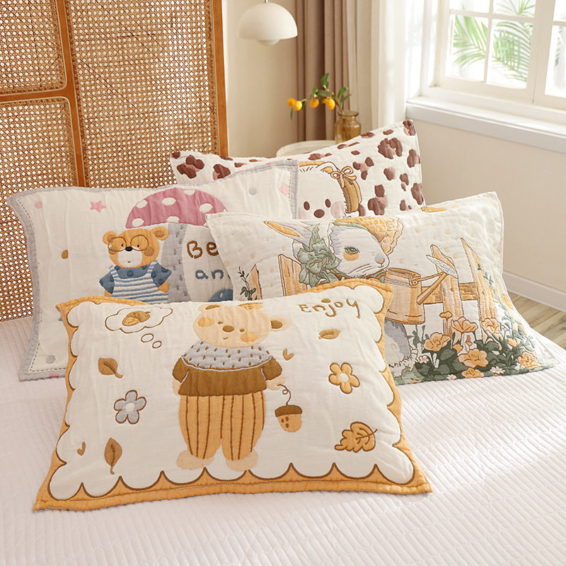 纱布枕巾一对装卡通可爱家用枕头盖巾柔软透气加厚四季通用枕头巾