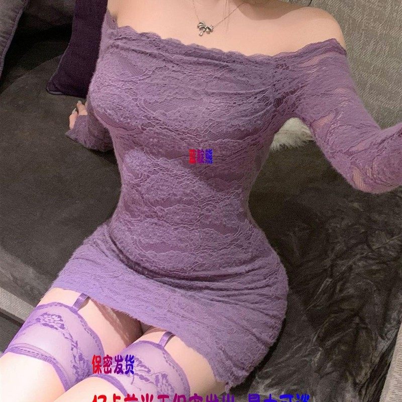 小妈妈裙紫色衬衫蕾丝单肩裙春夏女士束腰性感纯欲望紧身短裙
