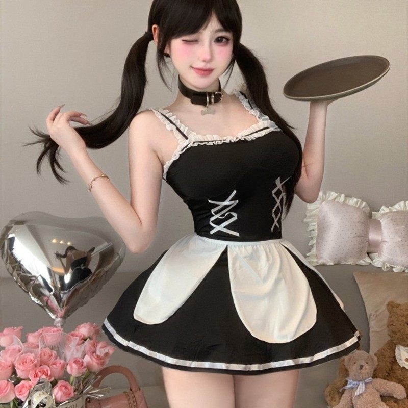 日系甜美cos女仆制服套装镂空拼接蕾丝花边吊带连衣裙女修身短裙