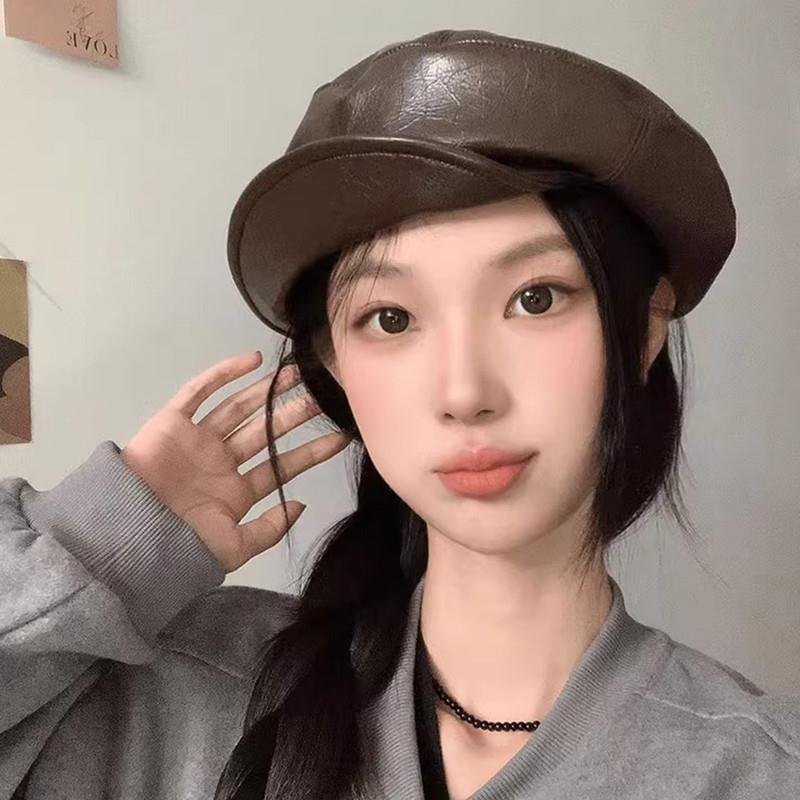 2024秋冬新款pu皮质气质百搭云朵八角帽子女英伦复古文艺贝雷帽潮