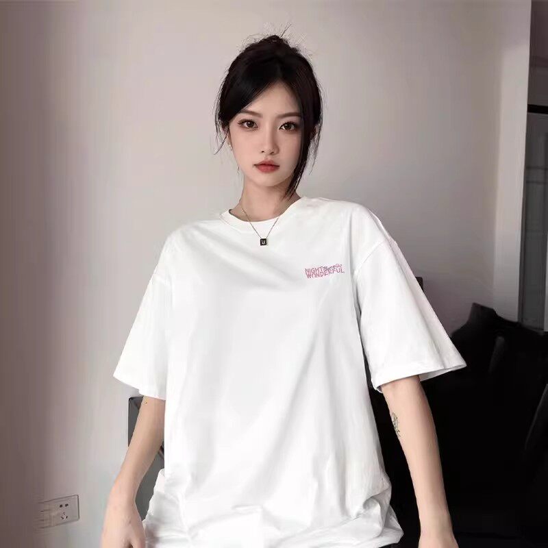 重磅纯棉短袖t恤女2026年新款美式慵懒风印花宽松半袖黑色上衣服