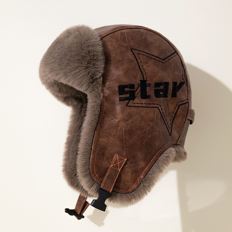 哑光皮帽加绒加厚雷锋帽男潮冬季保暖护耳帽女东北骑车防风帽防水