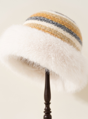 彩色条纹针织渔夫帽女冬季保暖蒙古盆帽毛绒显脸小多巴胺韩版百搭