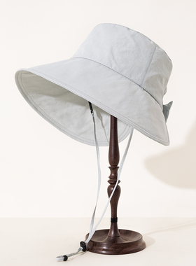 夏季薄款盆帽女防晒遮阳帽防紫外线渔夫帽蝴蝶结大檐太阳帽露马尾