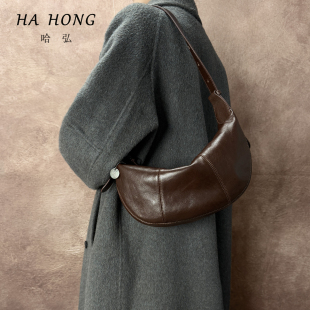 哈弘头层牛皮春夏感托特包牛角包斜挎单肩大容量软皮通勤饺子包包