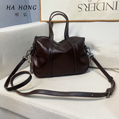 哈弘简约手提波士顿包头层牛皮斜挎真皮高级百搭通勤轻奢复古包包