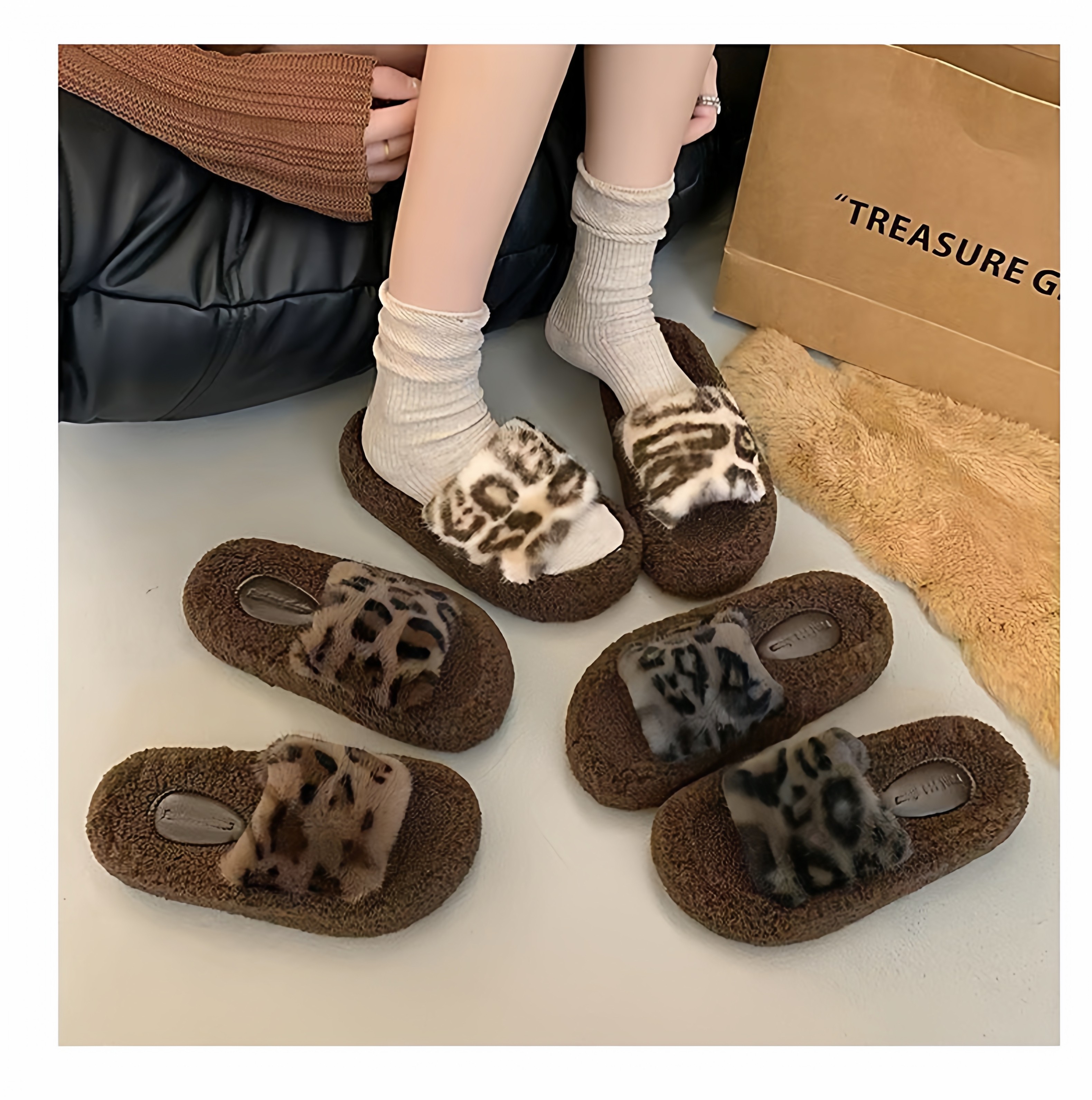 豹纹拖鞋女秋冬季新款一字厚底室内防滑保暖棉拖女士外穿毛毛拖鞋,女鞋,毛毛鞋,淘宝优惠券,粉丝福利购,淘宝优惠卷