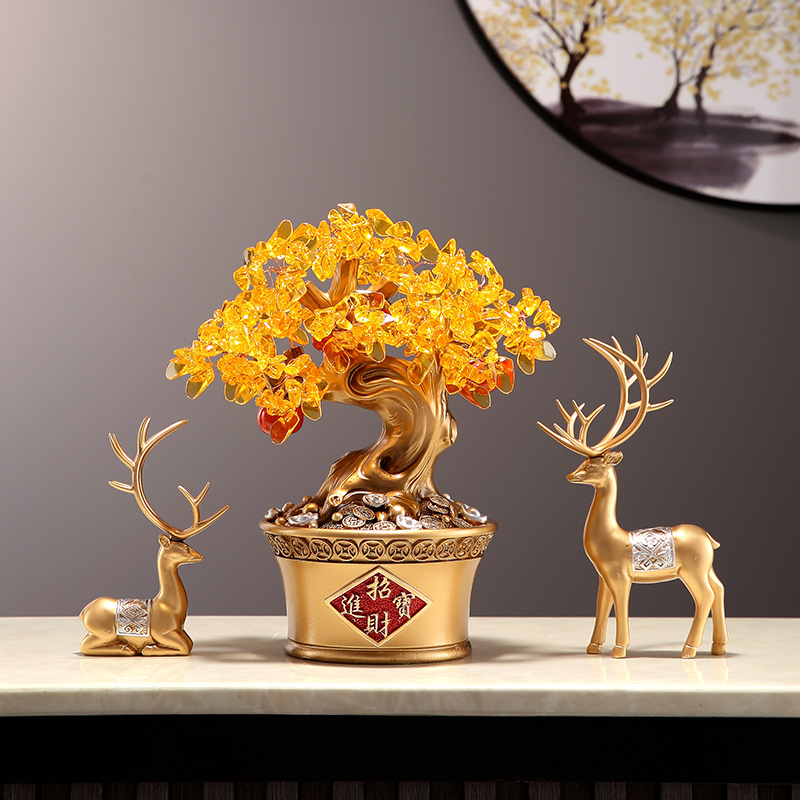 招财鹿摆件新中式新店开业礼品客厅电视柜摇钱树收银台装饰三件套