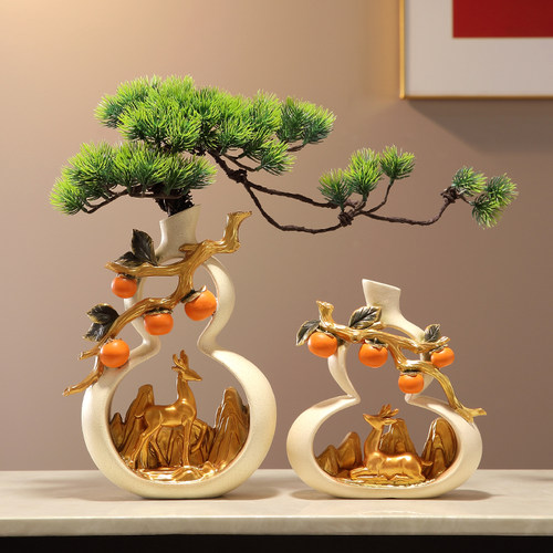 招财葫芦迎客松花瓶摆件