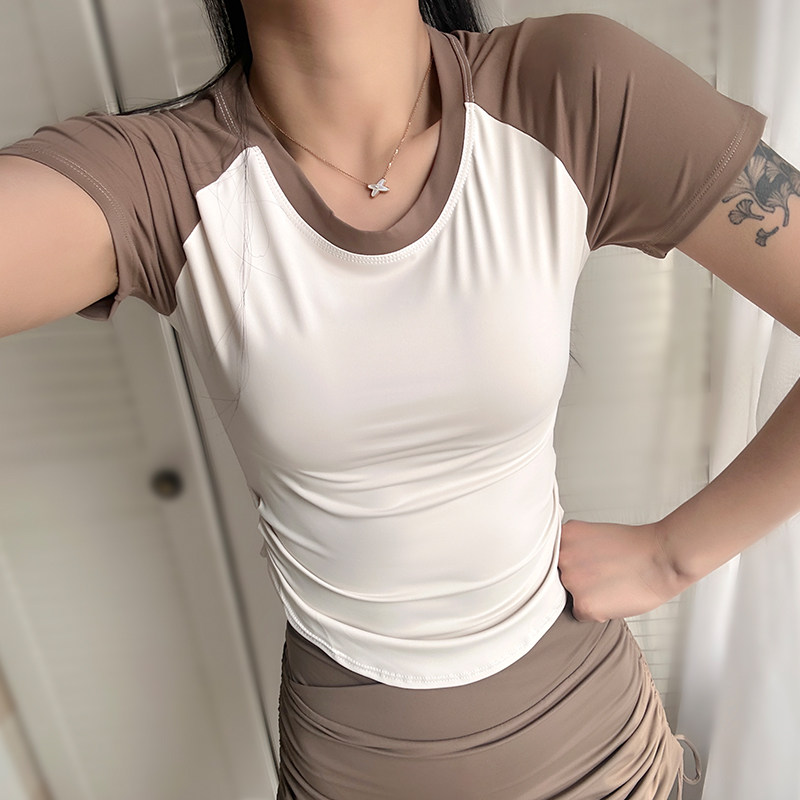 拼色u型下摆紧身显瘦瑜伽服运动短袖女夏季速干衣跑步训练健身衣