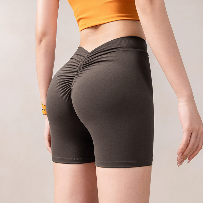 蜜桃紧身提臀训练裤女性感交叉腰运动短裤女四分瑜珈跑步健身裤
