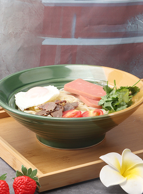 商用拉面碗绿黄色斗笠喇叭大汤碗8英寸中式大碗家用陶瓷餐具粉碗