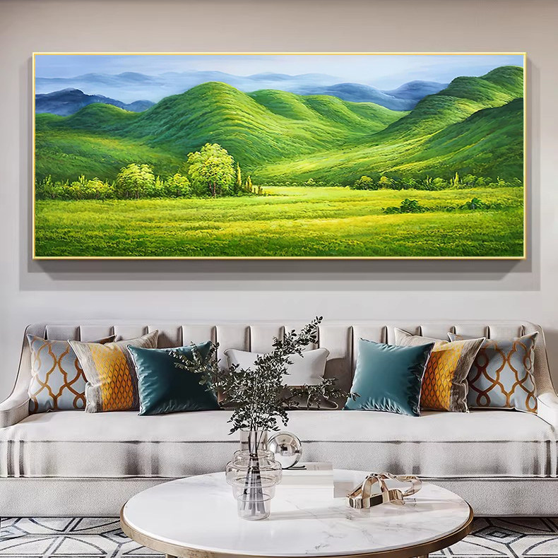 青山绿水聚宝盆山水风景画客厅背景壁画现代简约靠山图沙发装饰画