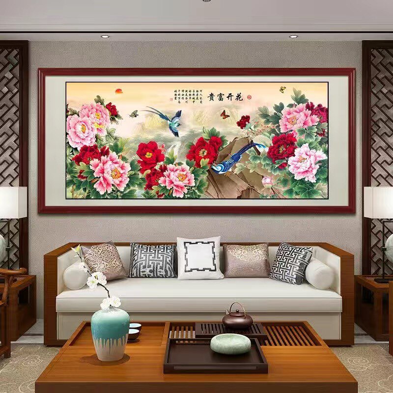 大芬油画村装饰画新中式家和万事兴客厅挂画花开富贵实木顺丰包邮